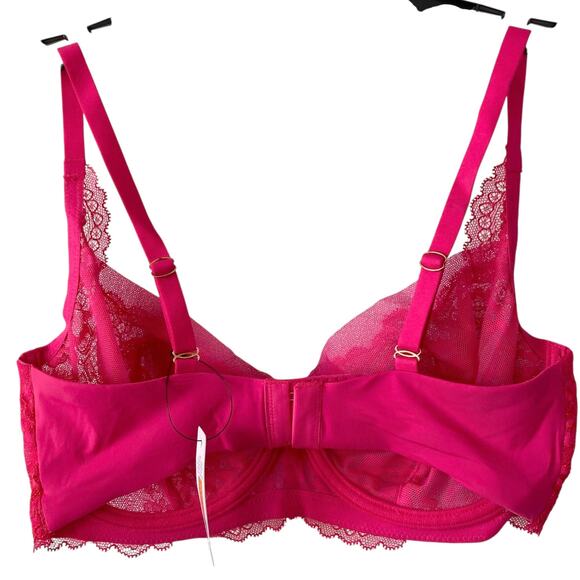 NEW SKARLETT BLUE Sheer Lace Balconette Bra Poppy Pink Size 32DD Adjustable - Picture 3 of 6